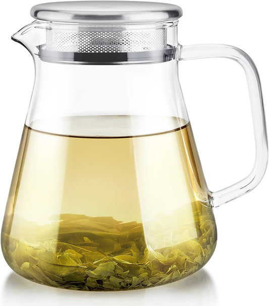 One Touch Tea Infuser, 2-in-1 Teapot and Pitcher with Stainless Steel Filter Lid for Loose Tea - Stain Resistant Borosilicate Glass Teapot (27 oz) - Tea Connoisseur's Choice