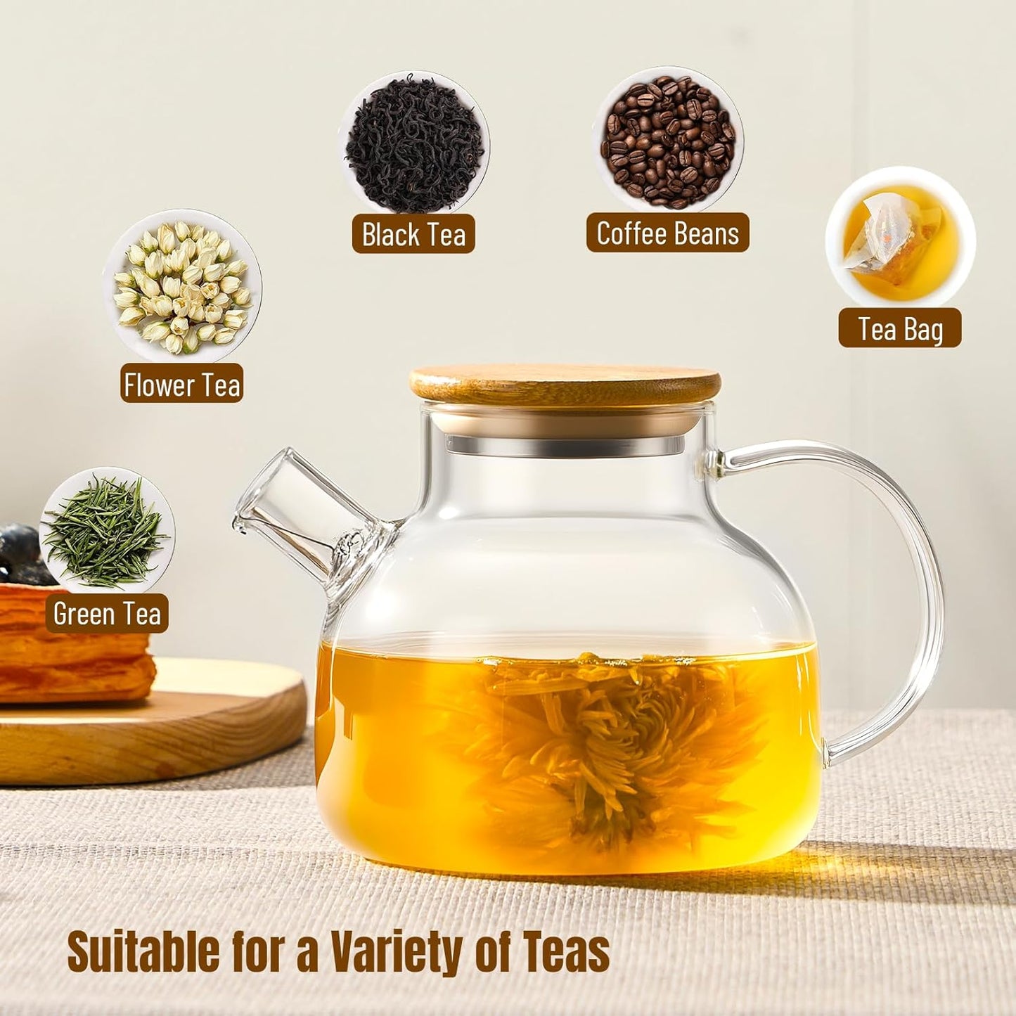 Glass Teapot Stovetop 20oz/600ml, Borosilicate Clear Teapot with Bamboo Lid, Glass Teapot with Removable Filter, Teapot Flowering and Loose Leaf Teapot Tea Infuser for Camping
