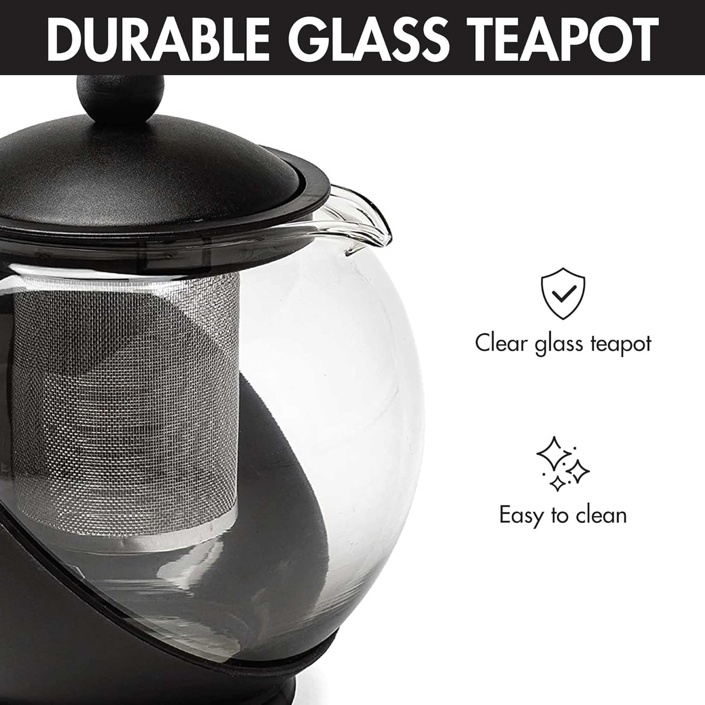 Half Moon Teapot with Removable Infuser, Glass Teapot with Reusable Fine Mesh Stainless Steel Strainer, Dishwasher Safe, 40 Ounces, Black