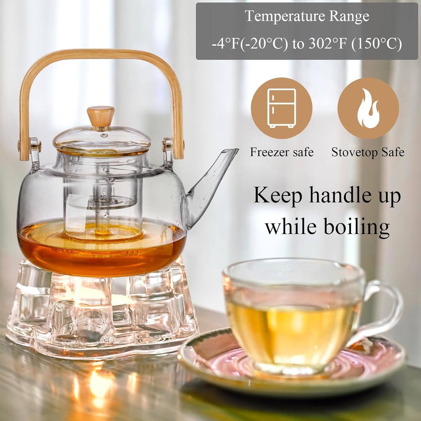 1000ml glass teapot for stovetop use, borosilicate glass teapot with removable infuser and bamboo handle, suitable for loose leaf and fruit teas