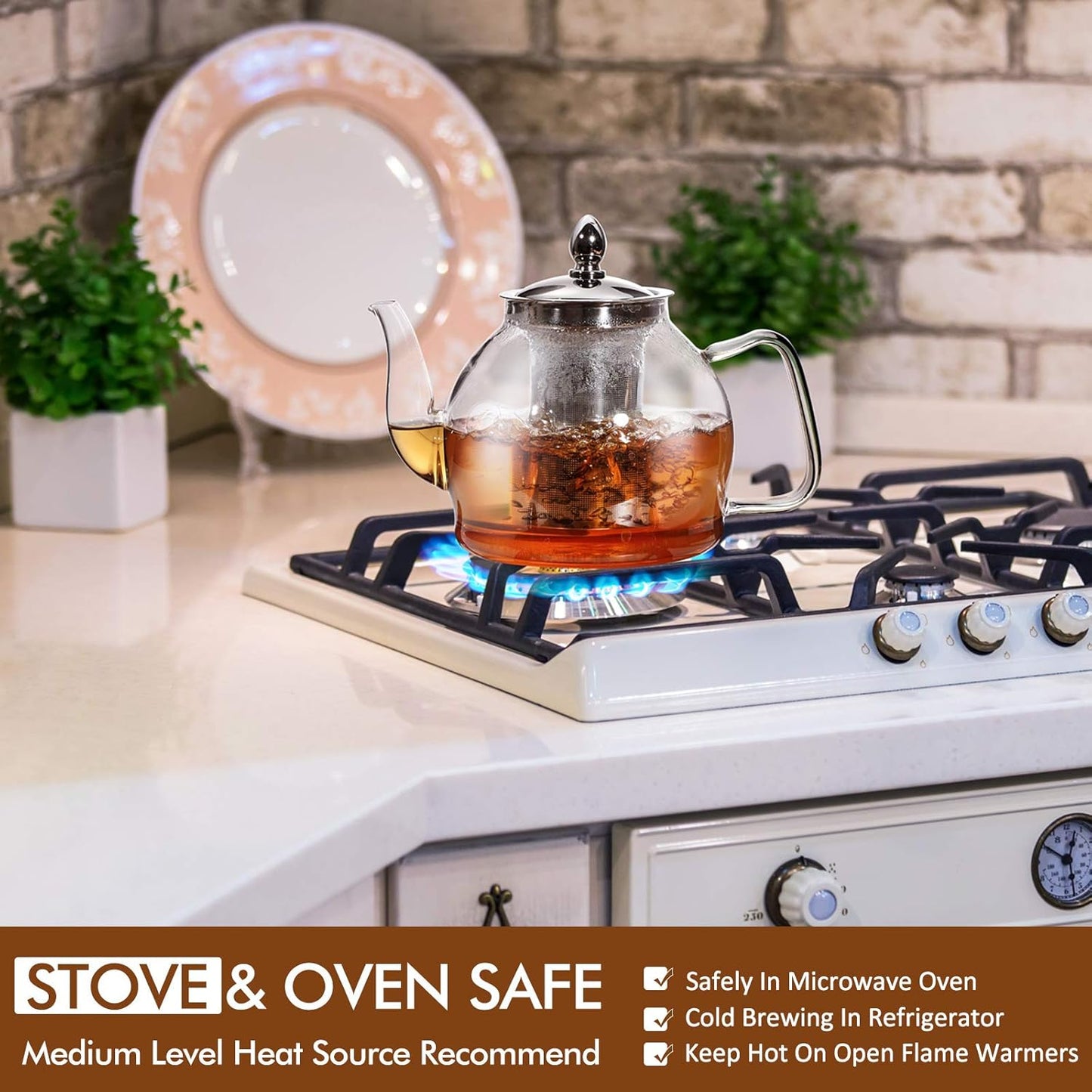 1000ml Glass Teapot with Removable Infuser, Stovetop Safe Teapot, Blooming and Loose Leaf Teapot Set