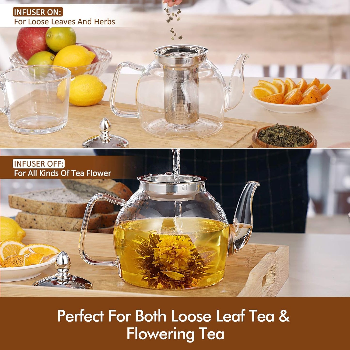 1000ml Glass Teapot with Removable Infuser, Stovetop Safe Teapot, Blooming and Loose Leaf Teapot Set