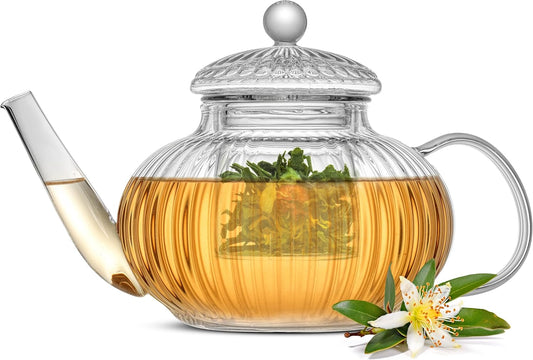 Fluted Glass Teapot Set 34 Ounces, Stovetop Safe Teapot, Borosilicate Clear Pitcher with Removable Glass Infuser, Flower and Loose Leaf Teapot and Infuser
