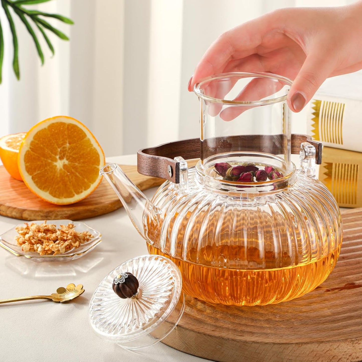 40 oz / 1200 ml Glass Pumpkin Teapot with Removable Infuser and Lid, Stovetop and Microwave Safe, Clear Borosilicate Glass Teapot for Loose Leaf Herbal Teas
