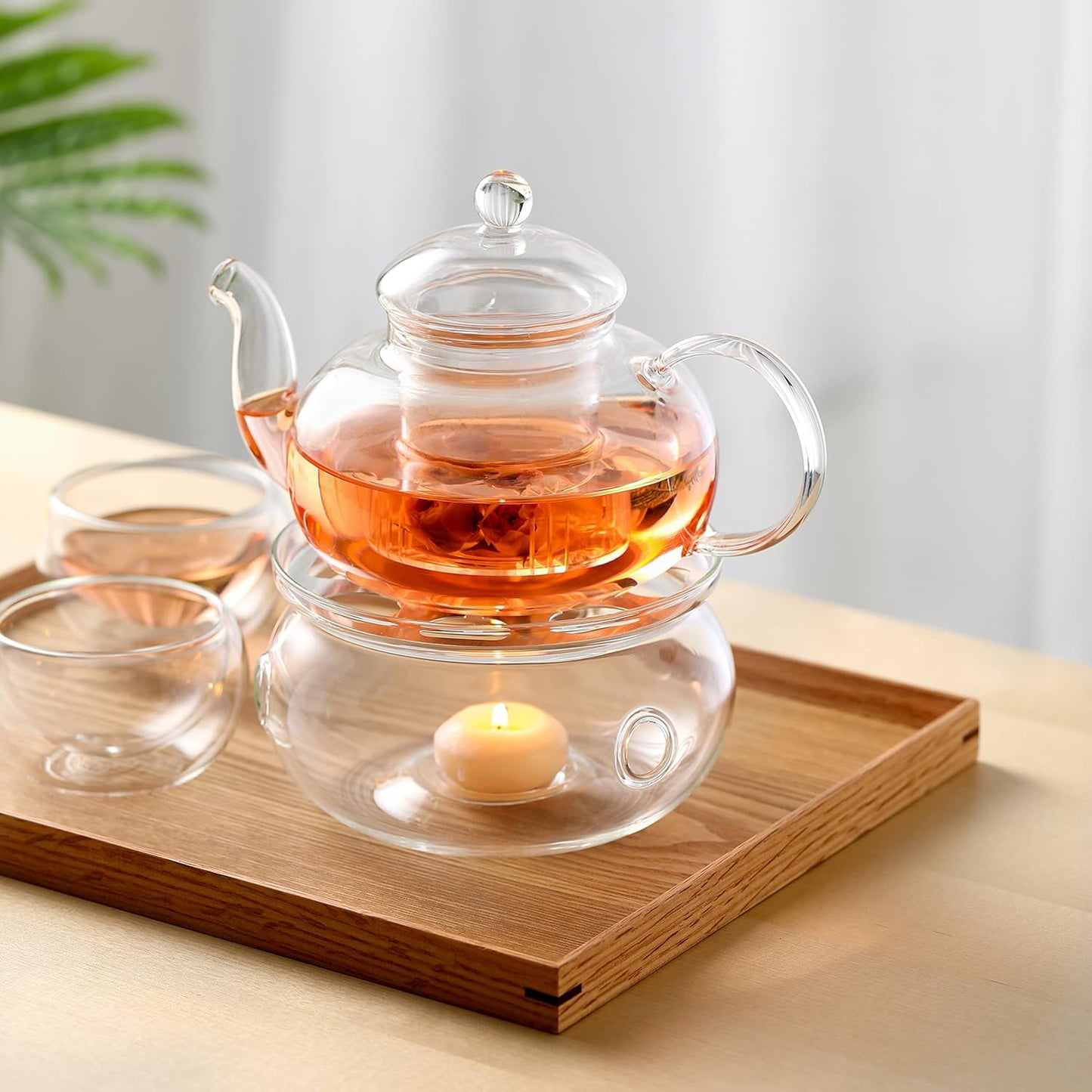 Glass Teapot, Stovetop, Clear Teapot with Removable Infuser, 20.3 Ounces, Loose Leaf Tea and Floral Teapot