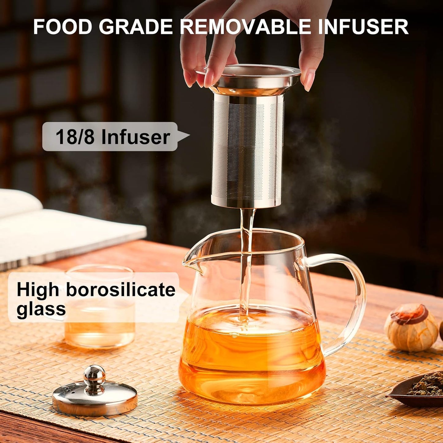 Glass Teapot Stovetop 18.6 Ounces, Borosilicate Clear Teapot with Removable 18/8 Stainless Steel Infuser, Teapot Blooming and Loose Leaf Teapot Tea Set for Camping, Travel (550ml)