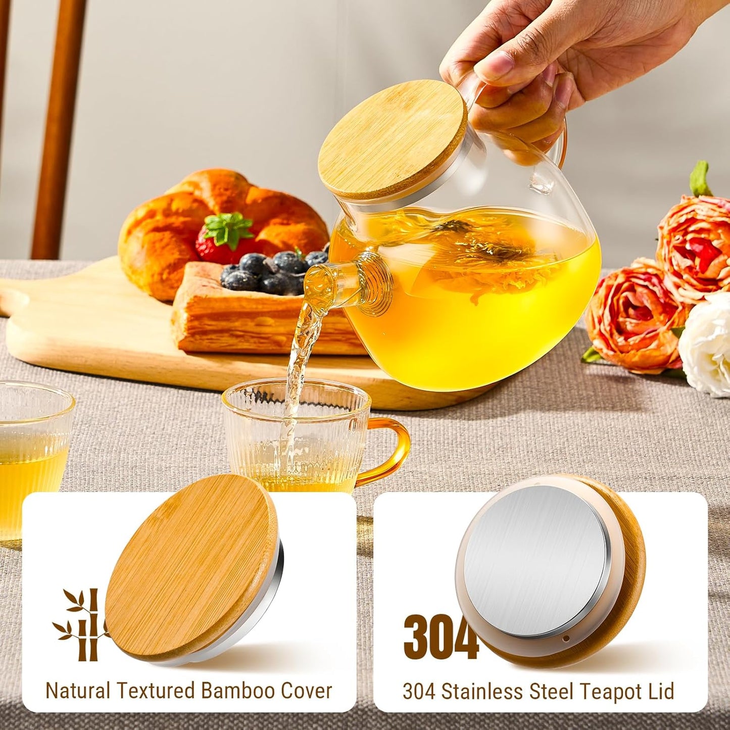 Glass Teapot Stovetop 20oz/600ml, Borosilicate Clear Teapot with Bamboo Lid, Glass Teapot with Removable Filter, Teapot Flowering and Loose Leaf Teapot Tea Infuser for Camping