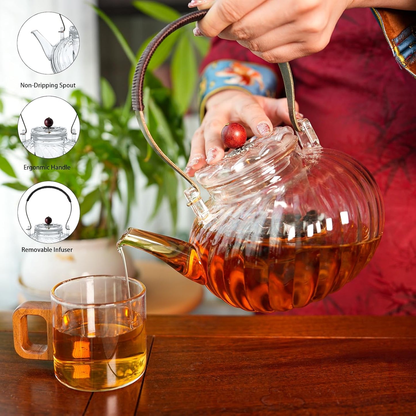 Glass Teapot with Removable Infuser, Stove Safe Glass Teapot, 980ml 33oz, Clear Loose Tea Teapot, Floral Tea and Loose Leaf Teapot, Father's Day Gift
