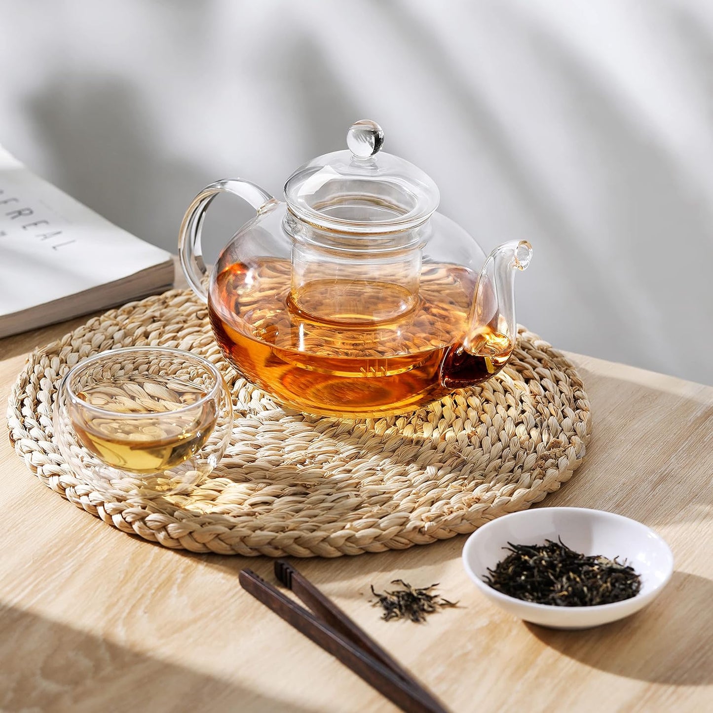 Glass Teapot, Stovetop, Clear Teapot with Removable Infuser, 20.3 Ounces, Loose Leaf Tea and Floral Teapot